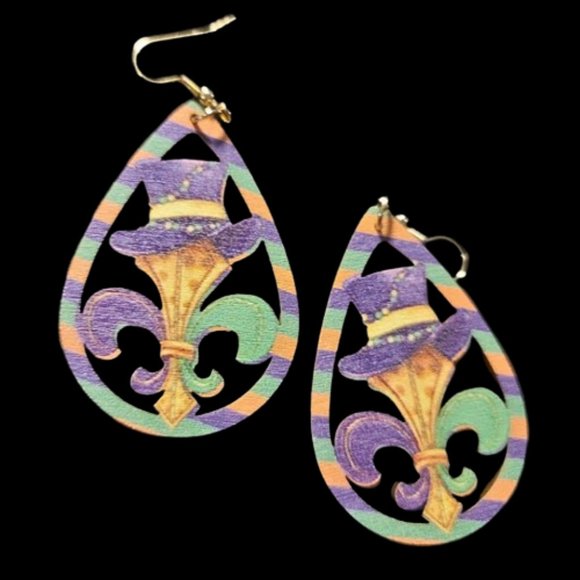 New Orleans Mardi Gras Dangle Drop Earrings in Stock ⚜️💜💚💛 - Picture 10 of 16